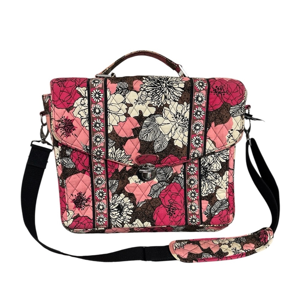 Vera Bradley Mocha Rouge Quilted Pink Floral Laptop Tote Bag Crossbody Strap